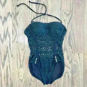 Robin Piccone Black Crochet Overlay One Piece with Button Detail Size 6
